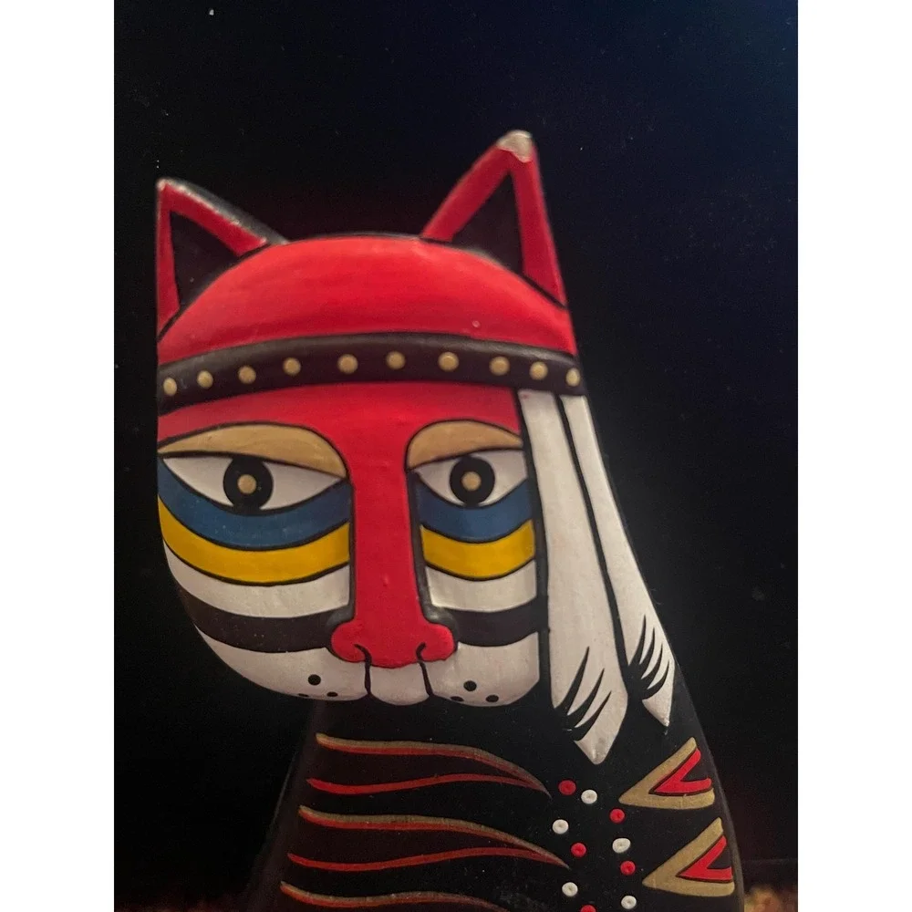 VTG Laurel Burch Style Cat Wood Carved Painted Sculpture Native American 5
